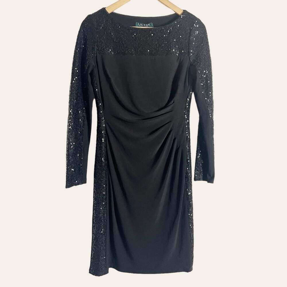 Lauren Ralph Lauren Black Long Sleeve Sequined Ruched Mini Sheath Dress Size 4